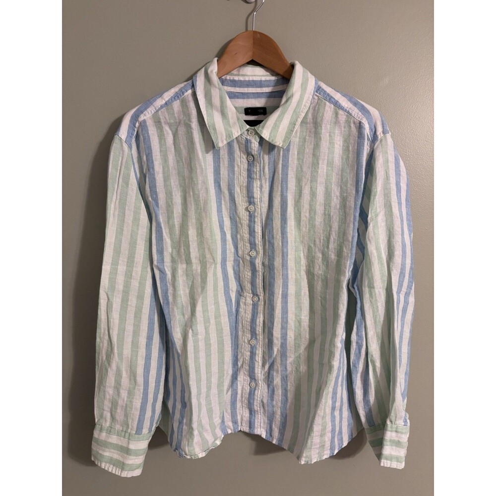 Talbots Women’s Playful Stripe 100% Linen Shirt Beach Boxy Coastal Resort XL